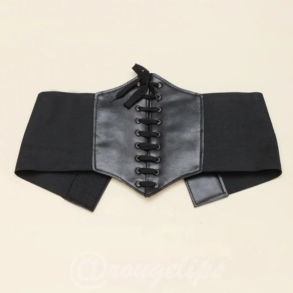 Black Corset Lace Up Wide Belt Leather Elastic - Picture 3 of 10